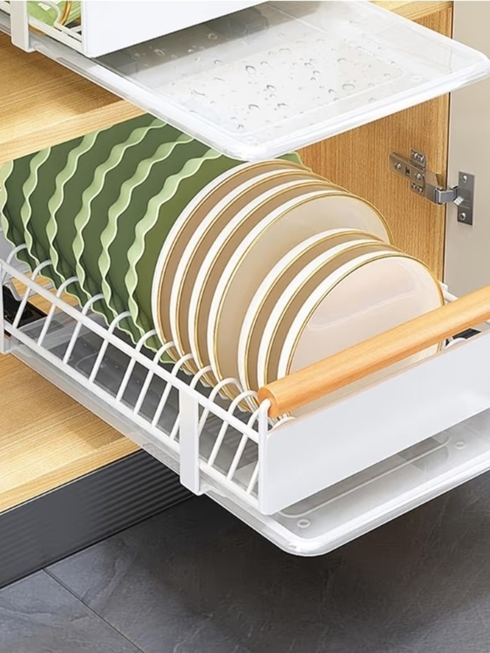 Under-Sink Pull-Out Dish Rack - White with Wood Accent